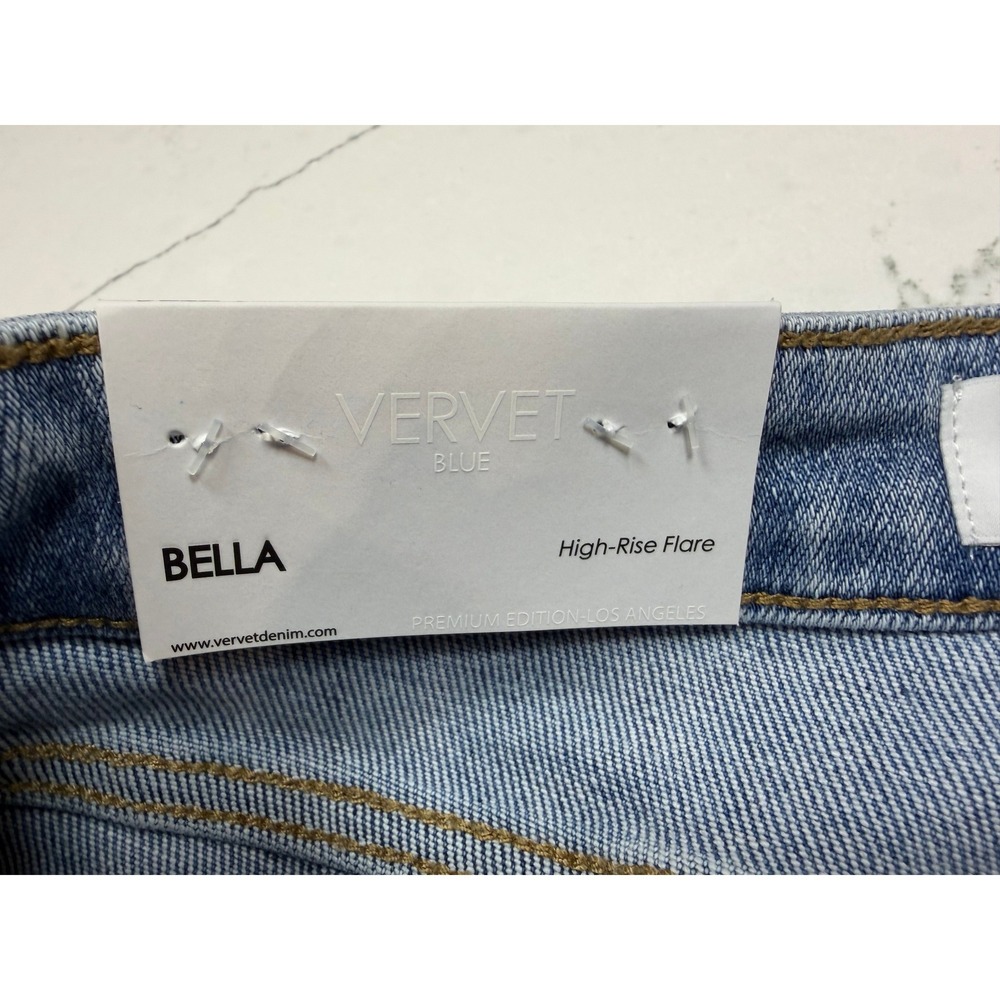 Vervet Blue Bella High-Rise Flare Jeans Light Wash Raw Hem Front Patch Pocket 28 - Picture 4 of 6
